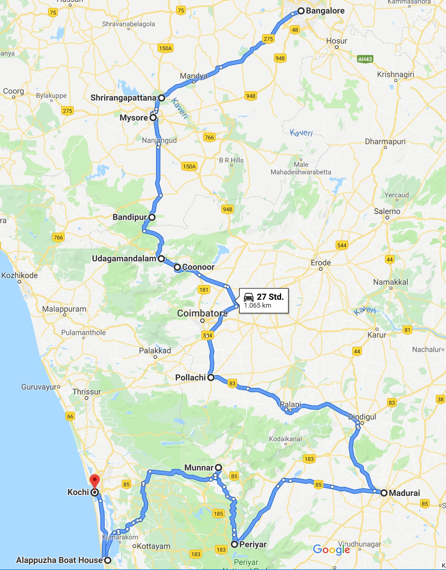 Routendarstellung Bangalore - Kochi (S&uuml;dwestindien in 14 Tagen)
