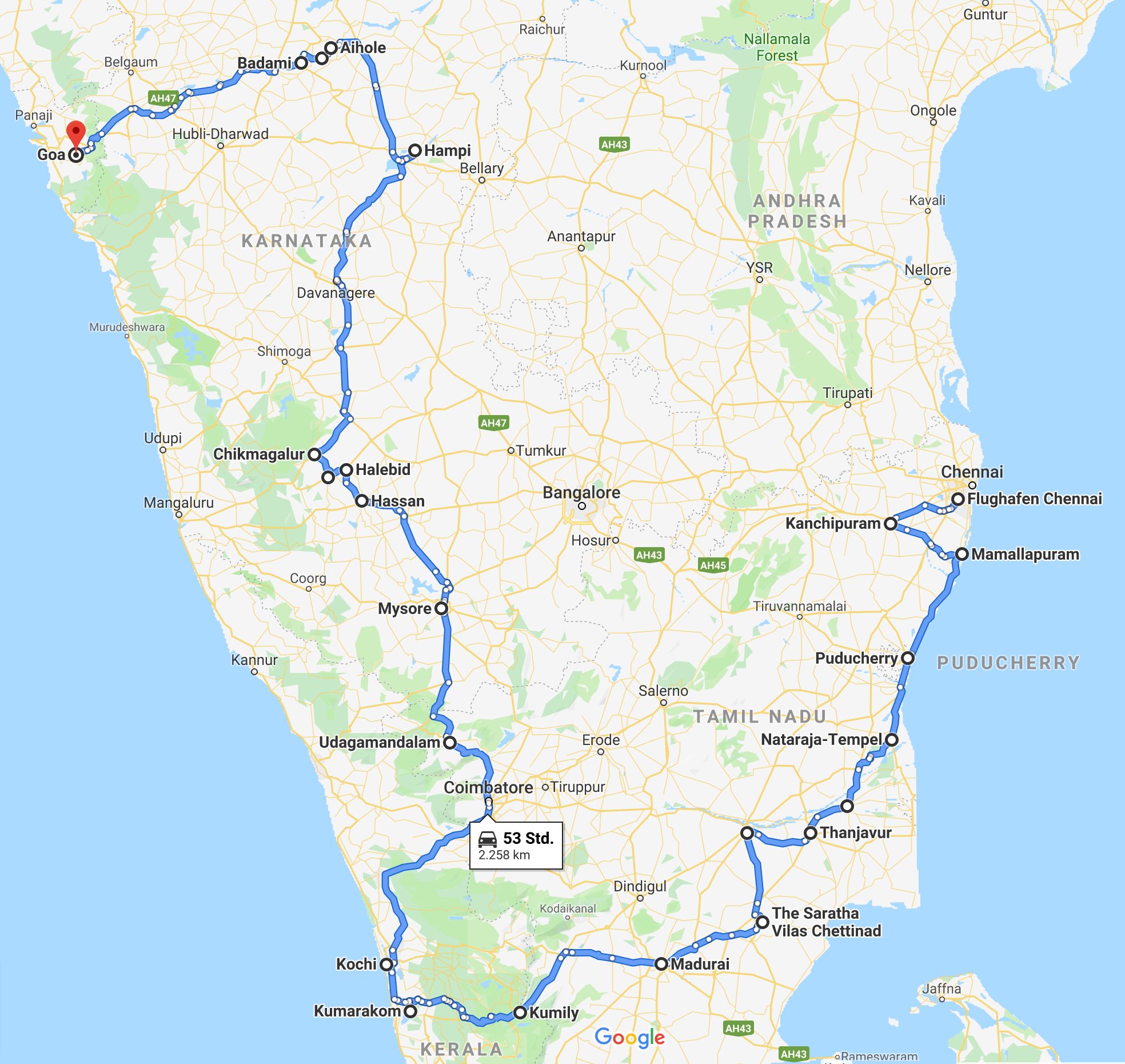Route von Chennai nach Goa (S&uuml;dindien Tour)
